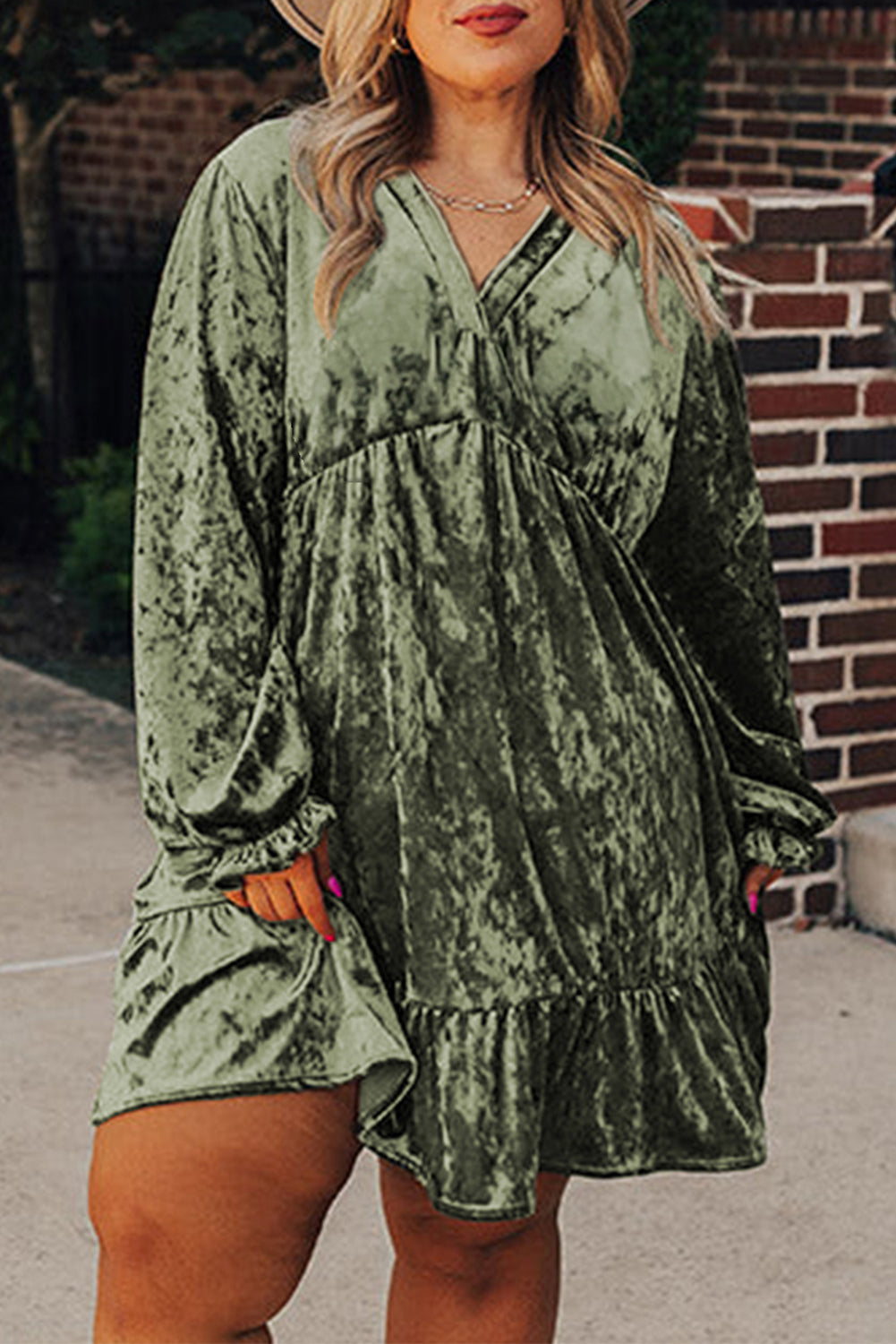 Plus Size Velvet Babydoll Mini Dress with Pockets