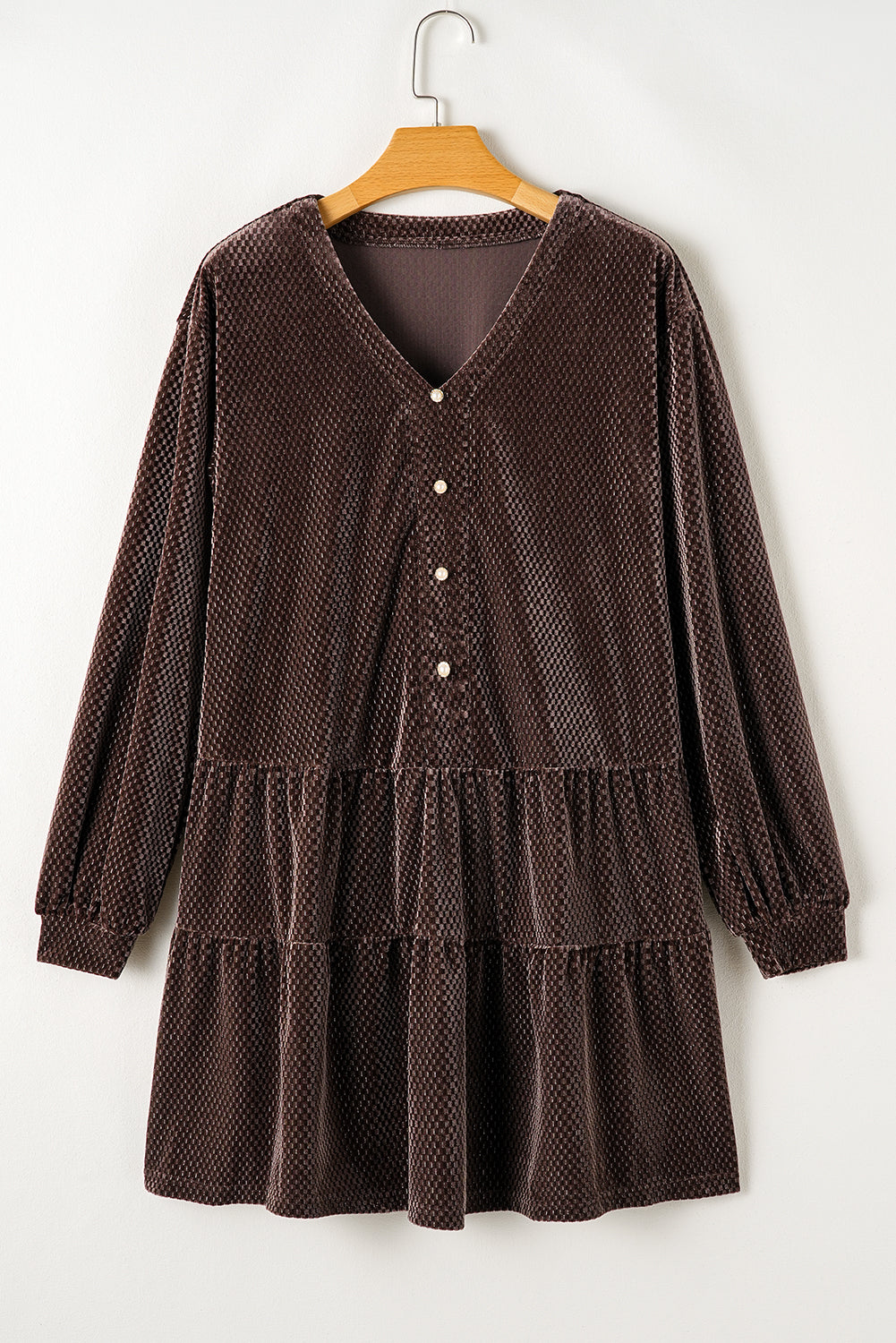 Dark Brown Textured Velour V-Neck Shift Dress with Pearl Button Accents