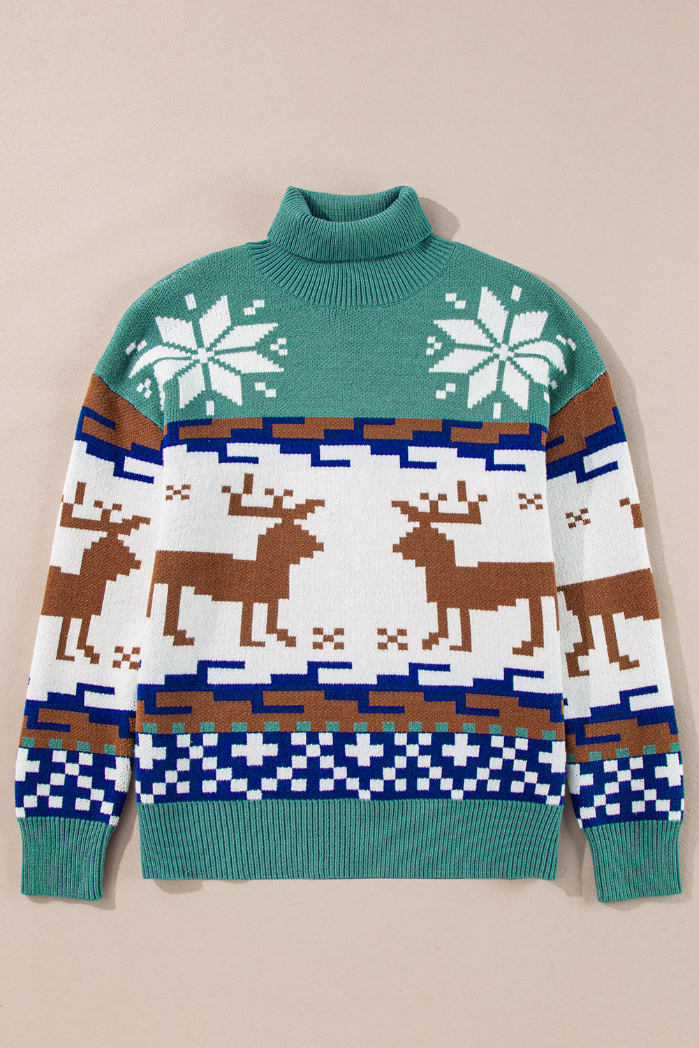 Teal Christmas Reindeer Snowflake Turtleneck Sweater