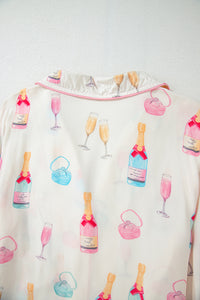 White Wine Glass Print & Pink Bow Ties Shorts Pajama Set