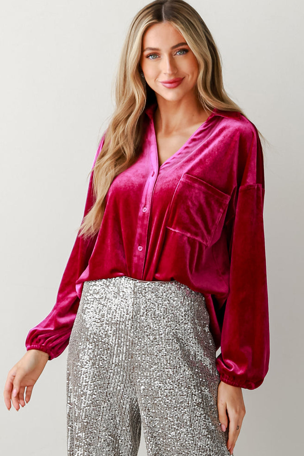 Dark Pink V-Neck Button-Up Long-sleeve Velour Shirt