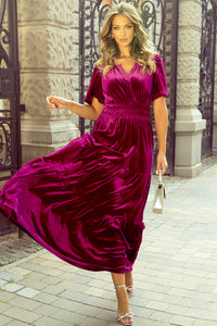 Magenta Velour Short Sleeve Shirred Waist Tiered Maxi Dress