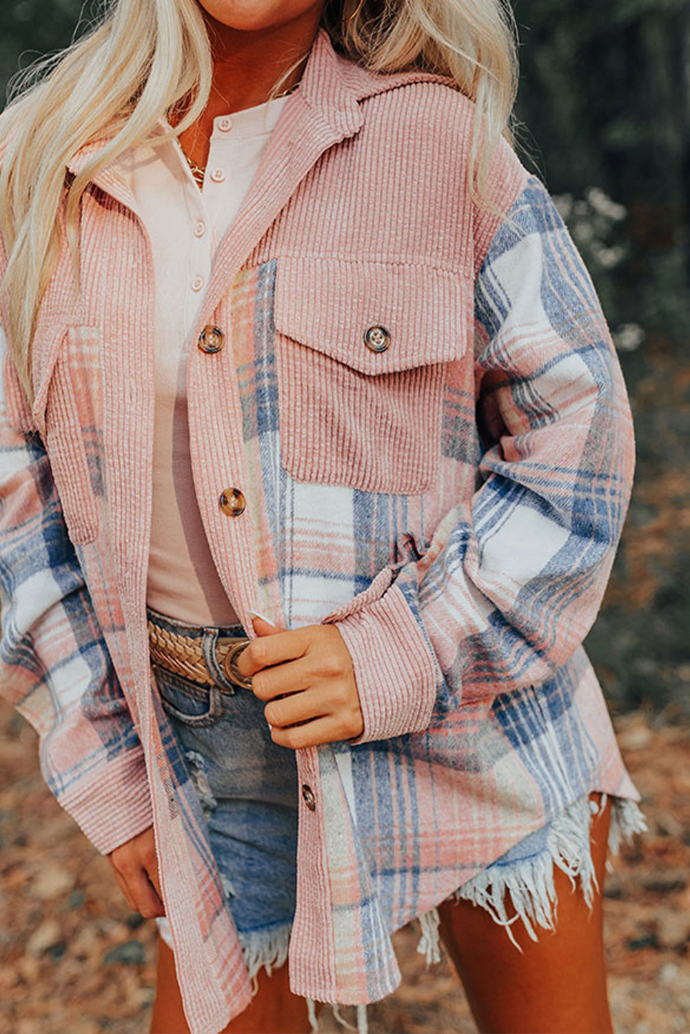 Light Pink & Blue Plaid Corduroy Color-block Chest Pockets Heavyweight Button-down Shirt