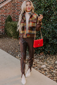 Brown Plaid Buttoned Chest Pockets Stand Up Collared Jacket