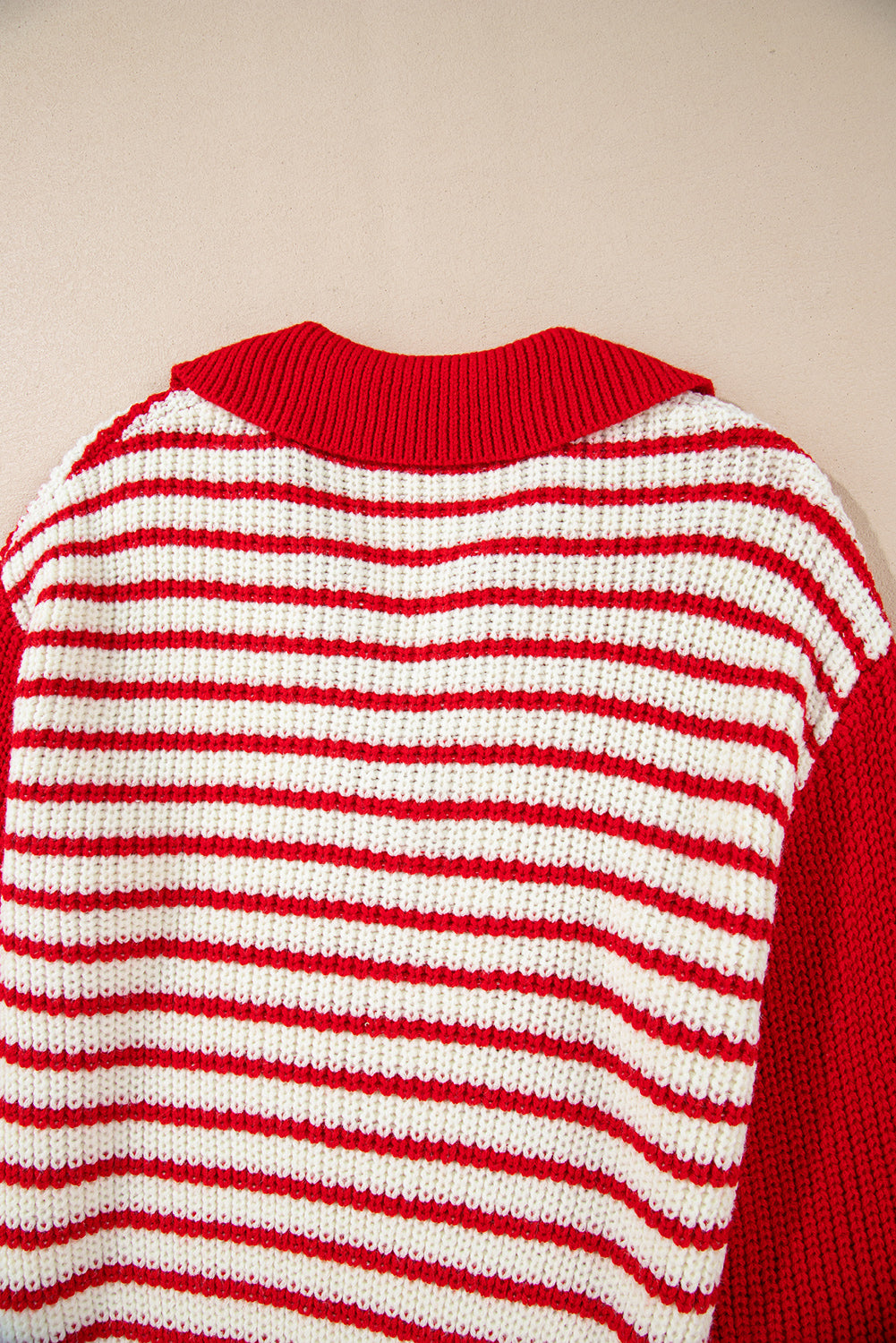 Red Stripe Lantern Sleeve V-Neck Collared Drop Shoulder Sweater