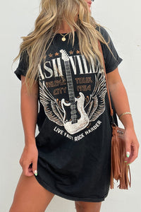 Black Nashville Guitar Print Crew Neck T-Shirt Mini Dress