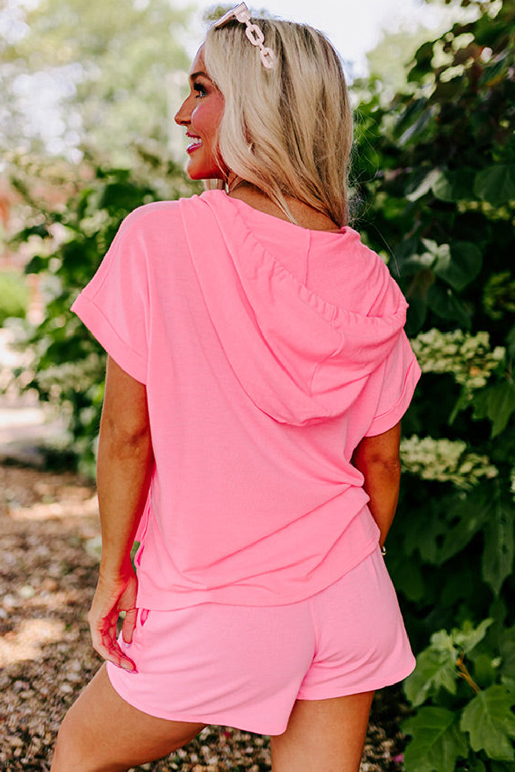 Pink Hooded Short Sleeve Henley Top and Shorts Set