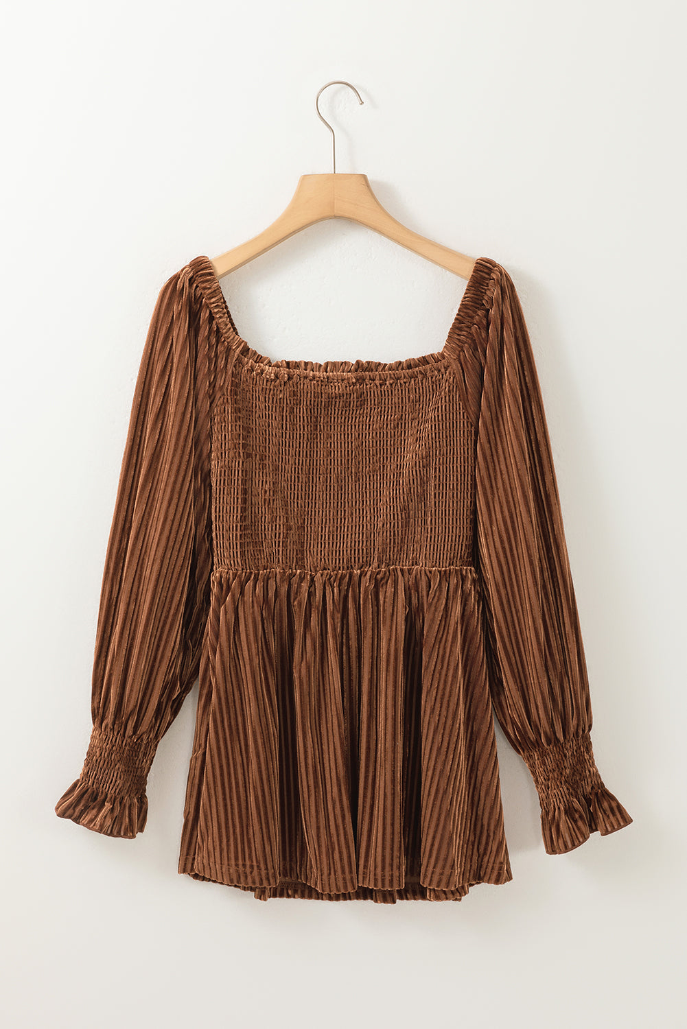 Velour Square Neck Smocked Long-sleeve Babydoll Top