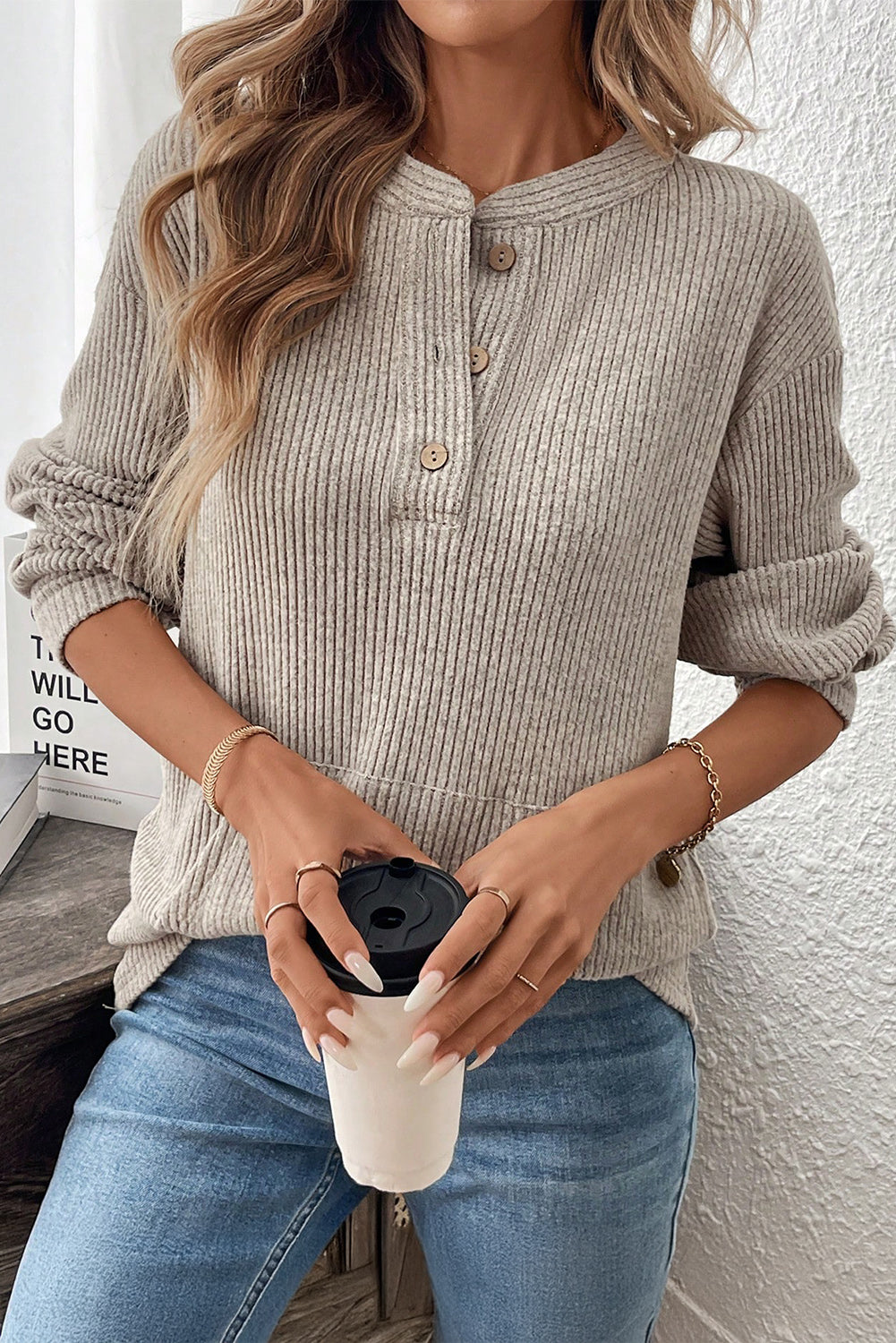 Taupe Drop Shoulder 1/4 Button Down Kangaroo Pocket Knit Top