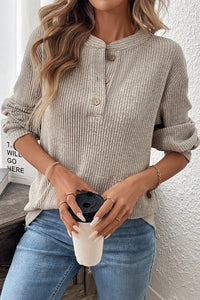 Taupe Drop Shoulder 1/4 Button Down Kangaroo Pocket Knit Top