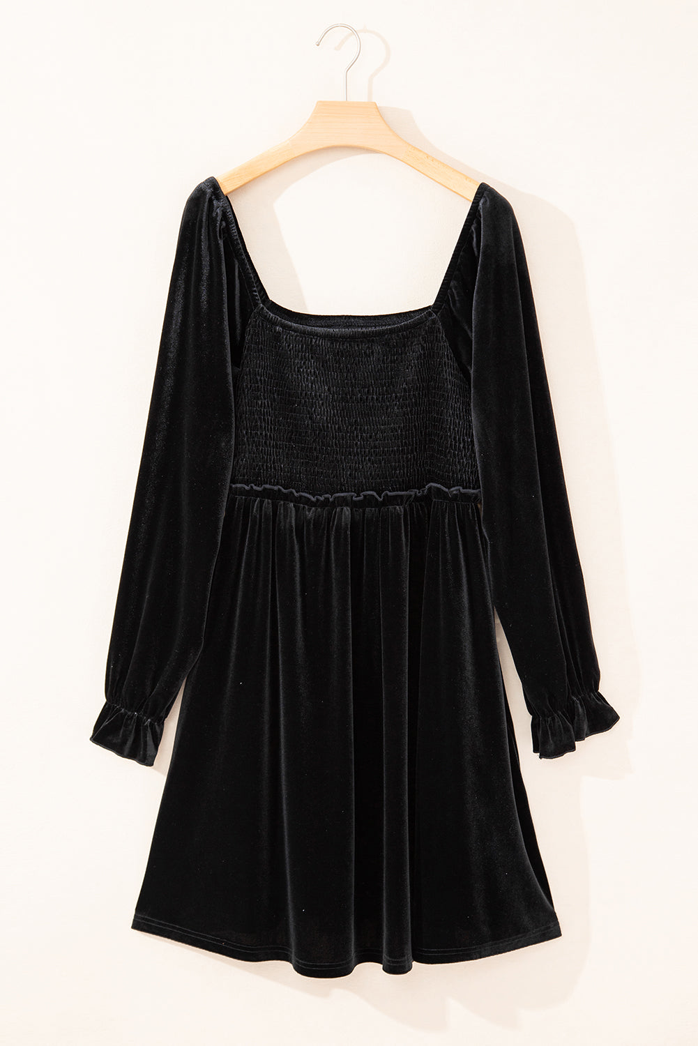 Plus Size Black Velour Flounce Sleeve Shirred Bodice Babydoll Dress