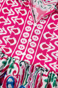 Fuchsia Pink Bohemian Print Tie Neck Ruffled Mini Dress