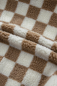 Brown & Cream Checkered Zip Up Sherpa Vest w/Zip Chest Pocket