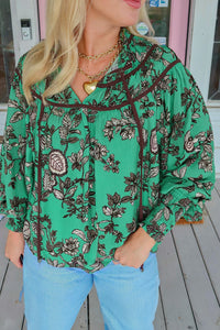 Green and Black Floral V-Neck Brown Trim Long Sleeve Blouse