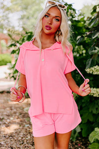 Pink Hooded Short Sleeve Henley Top and Shorts Set