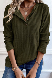 Dark Olive Rib Textured Henley Knit Top