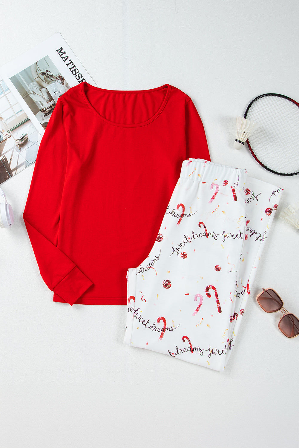 Red Top and Candy Cane Holiday Design Pants Lounge Set