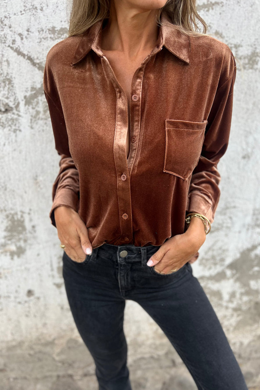 Chestnut Brown Button Down Chest Pocket Velour Loose Shirt