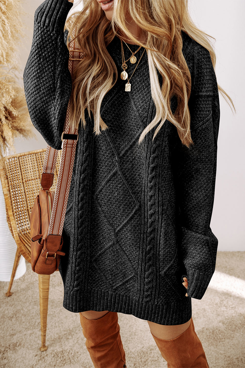 Black Drop Shoulder Loose Fit Cable Knit Sweater Dress