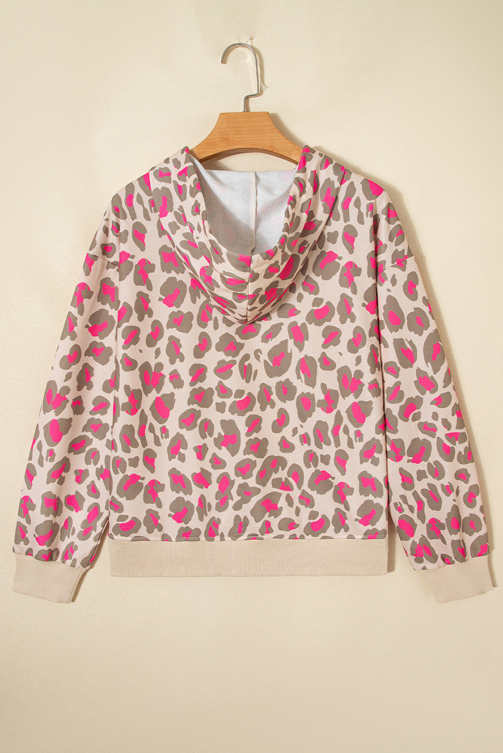 Fuchsia and Khaki Leopard Print Full Zip Front Pockets Hoodie