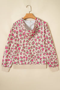 Fuchsia and Khaki Leopard Print Full Zip Front Pockets Hoodie