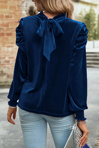 Sapphire Tie Back Neck Ruffly Sleeve Velour Blouse