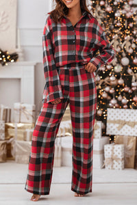 Red Christmas Plaid Pattern Loose Shirt and Pants Lounge Set