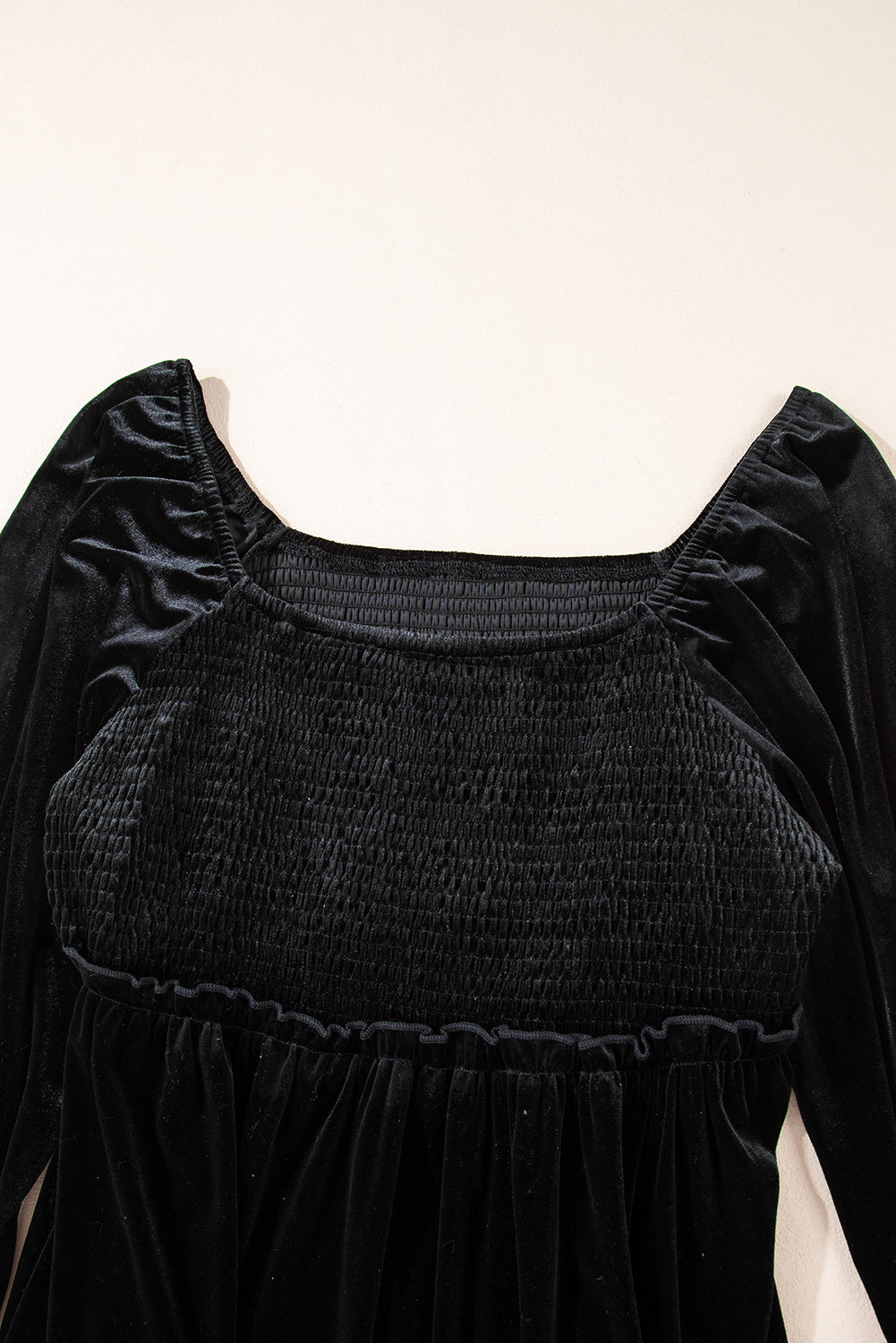 Plus Size Black Velour Flounce Sleeve Shirred Bodice Babydoll Dress