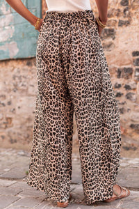 Black and Brown Leopard Print Wide Leg Elastic Waist Pants