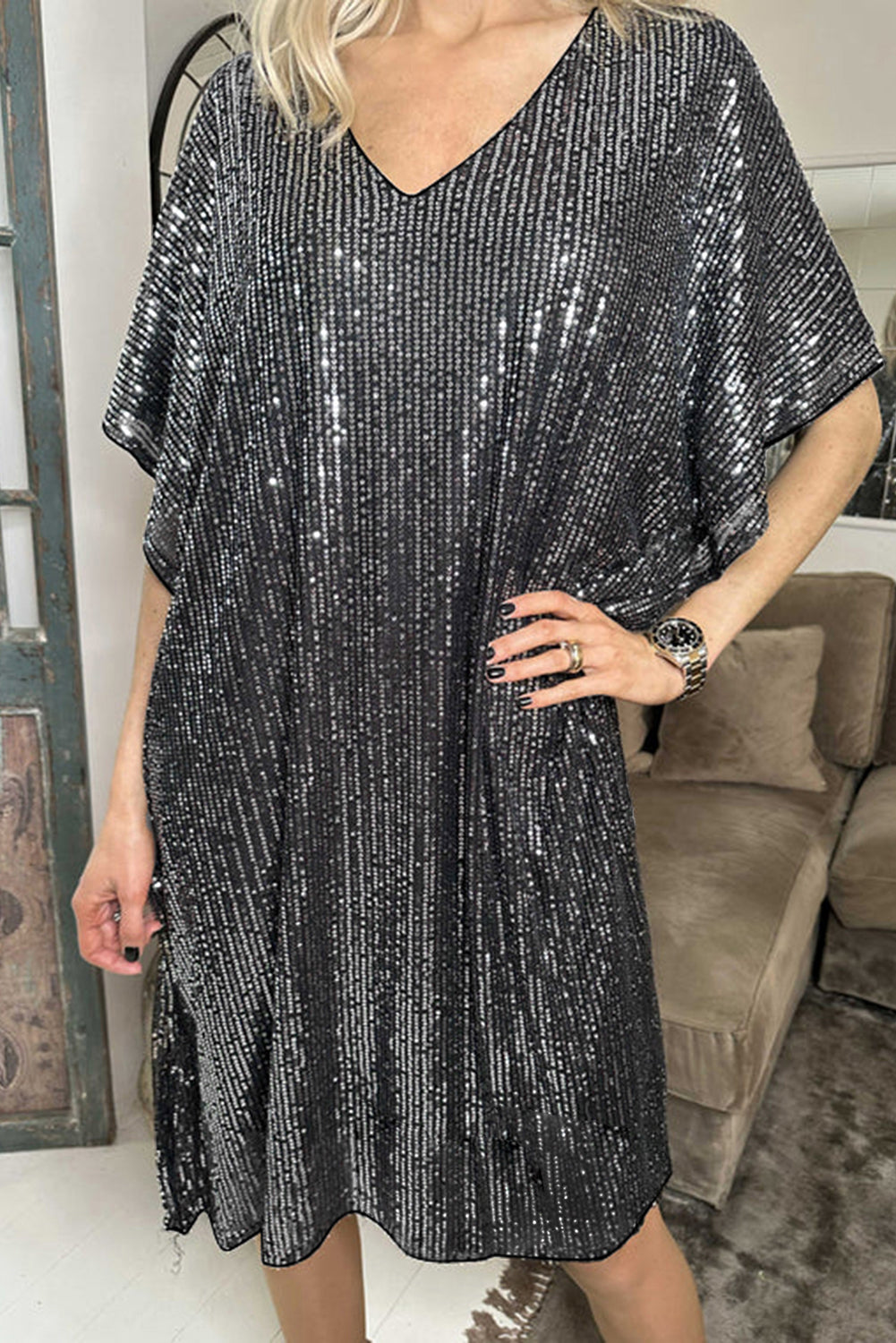 Charcoal Sequin V-Neck Dolman Sleeve Shift Dress