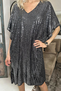 Charcoal Sequin V-Neck Dolman Sleeve Shift Dress