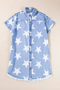 Sky Blue White Stars Frayed Hem Collared Short Sleeve Denim Shirt Dress