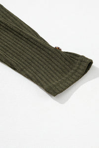 Dark Olive Rib Textured Henley Knit Top