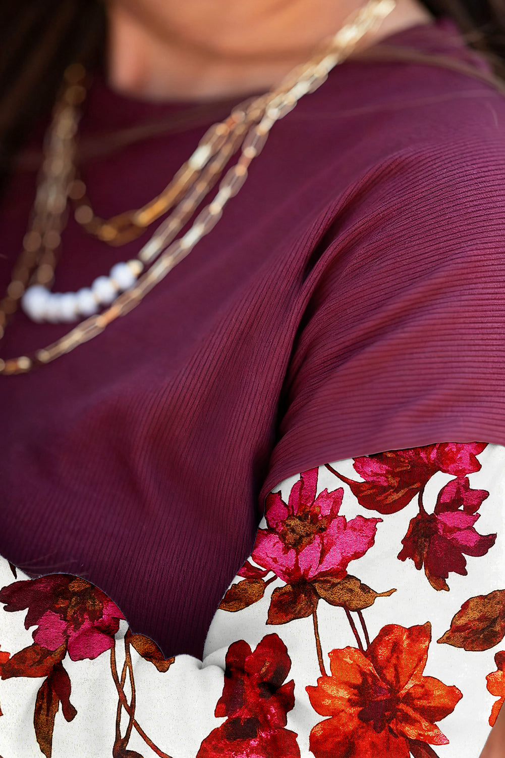 Burgundy Floral Ruffled Cuff Long Sleeve Ribbed Knit Top