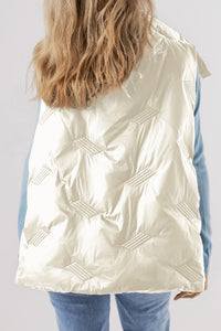 White Unique Quilted Design High Collar Zip Up Puffer Vest