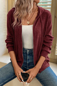 Burgundy Ribbed Zip Up Front Drawstring Hoodie