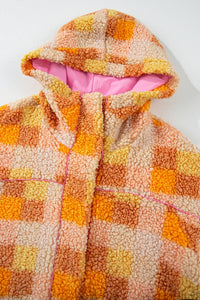 Orange & Yellow Checkered Sherpa Snap Up Pink Lined Hooded Jacket