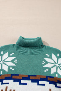 Teal Christmas Reindeer Snowflake Turtleneck Sweater