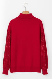 Red Sequined Sleeve White Merry Graphic Turtleneck Sweater