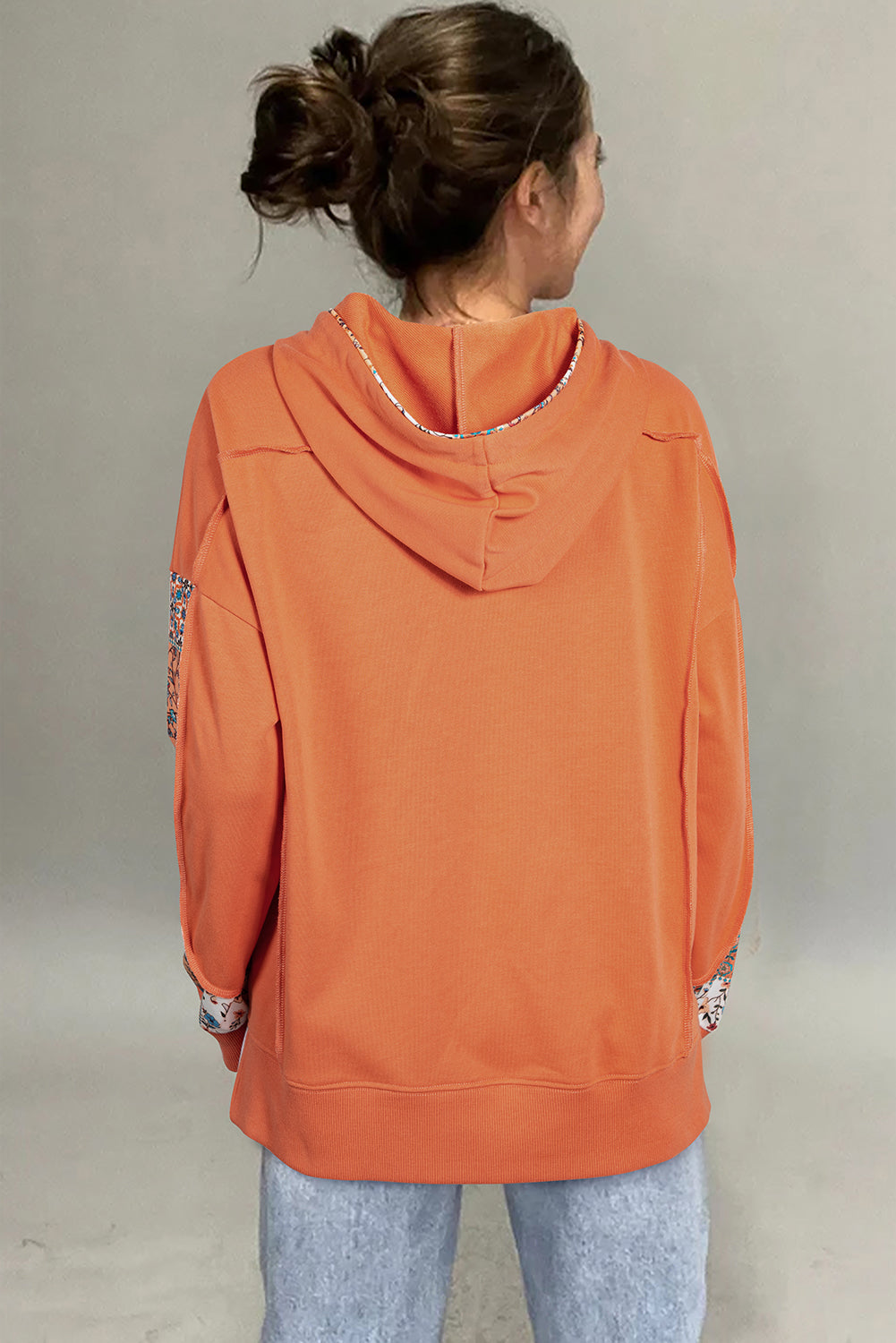 Orange Fall Floral Patchwork Exposed Seams Drawstring Hoodie