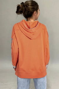 Orange Fall Floral Patchwork Exposed Seams Drawstring Hoodie