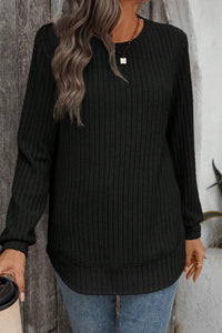 Black Ribbed Crew Neck Long Sleeve Rounded Hem Knit Top