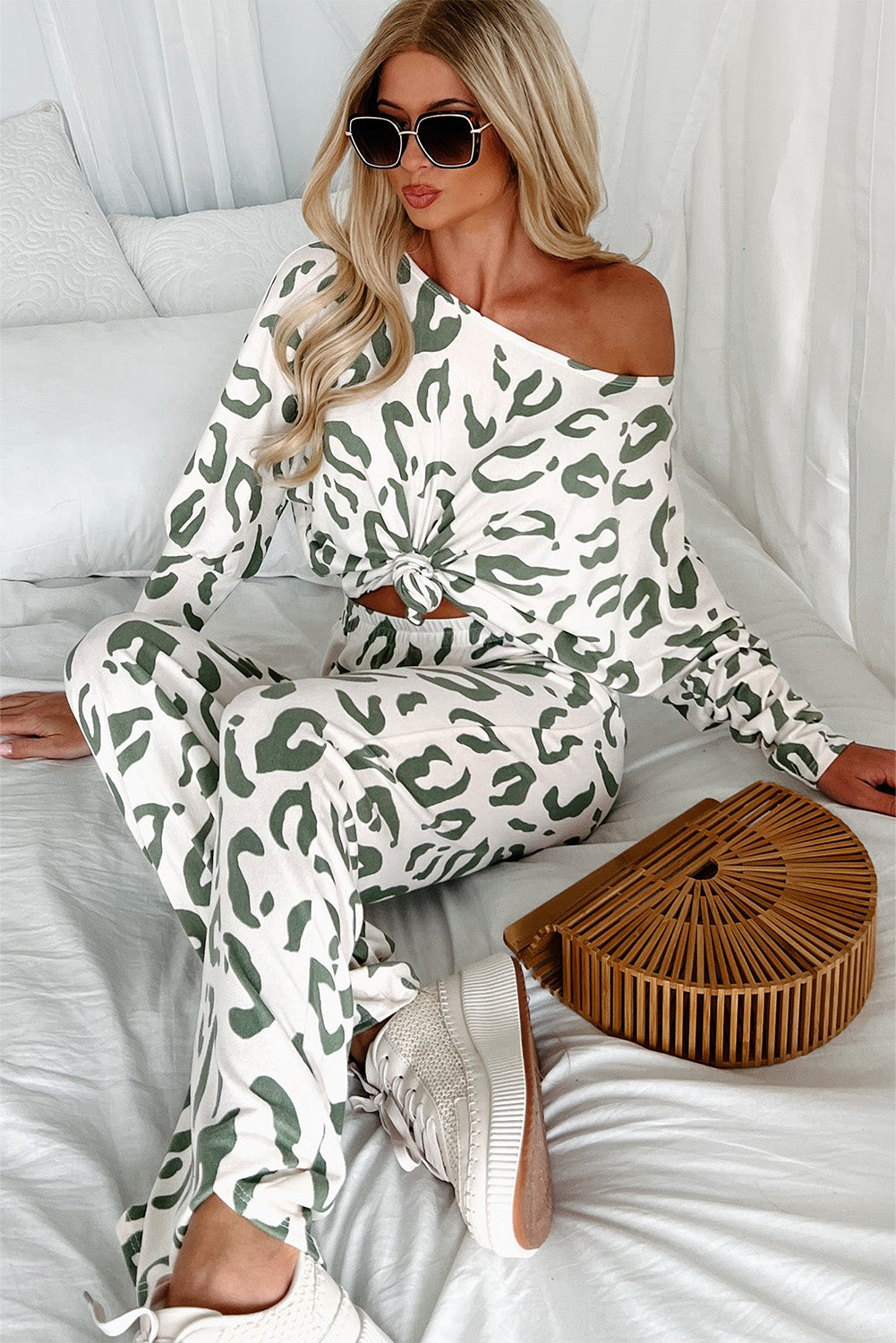 Leopard Print Long Sleeve Knit Shirt and Pants Lounge Set