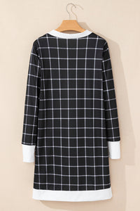 Black Window Pane Plaid Open Knit Cardigan with Pockets