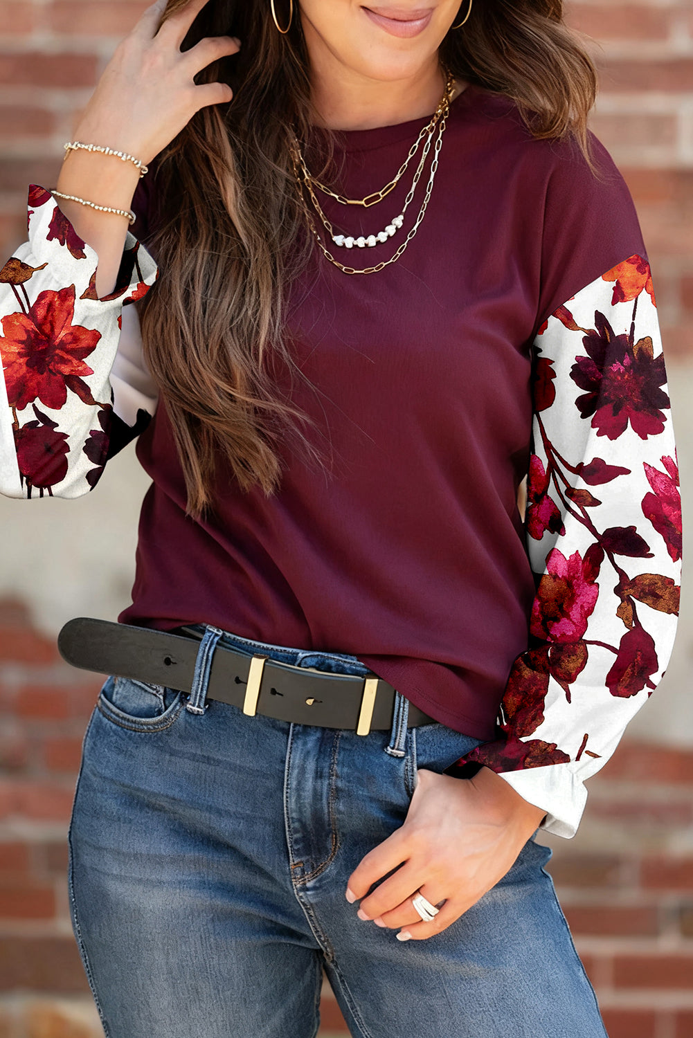 Burgundy Floral Ruffled Cuff Long Sleeve Ribbed Knit Top