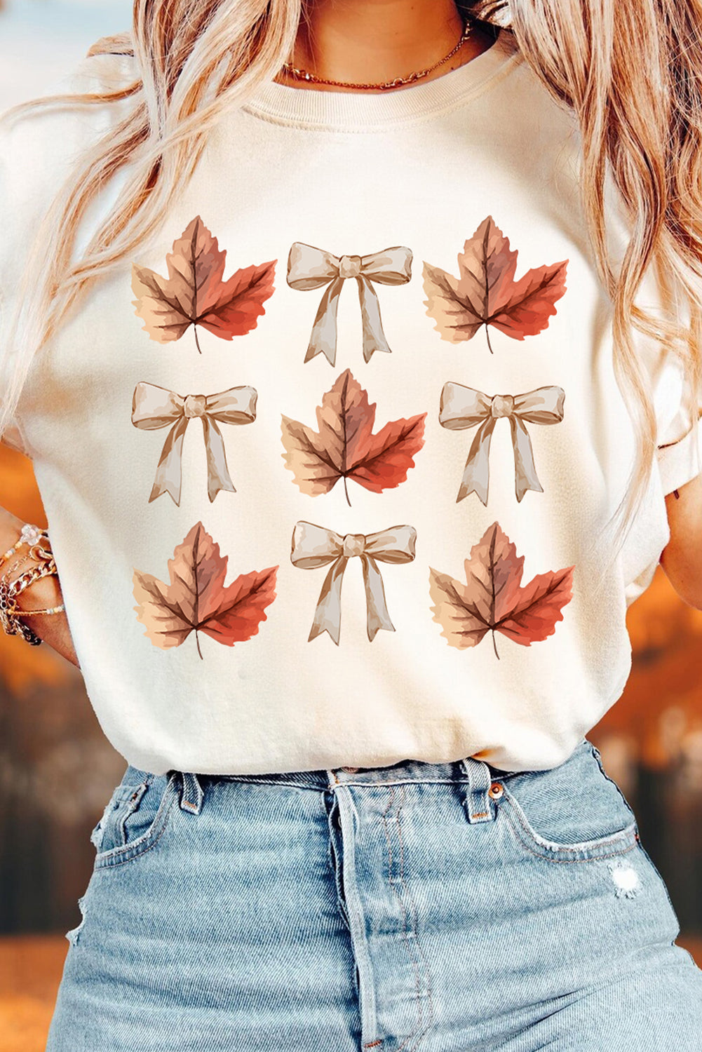 White Fall Leaf & Bow Print Cuffed Tee