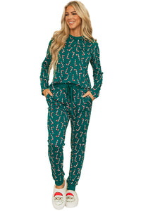 Pine Green Candy Cane Print Top and Pants Lounge Set