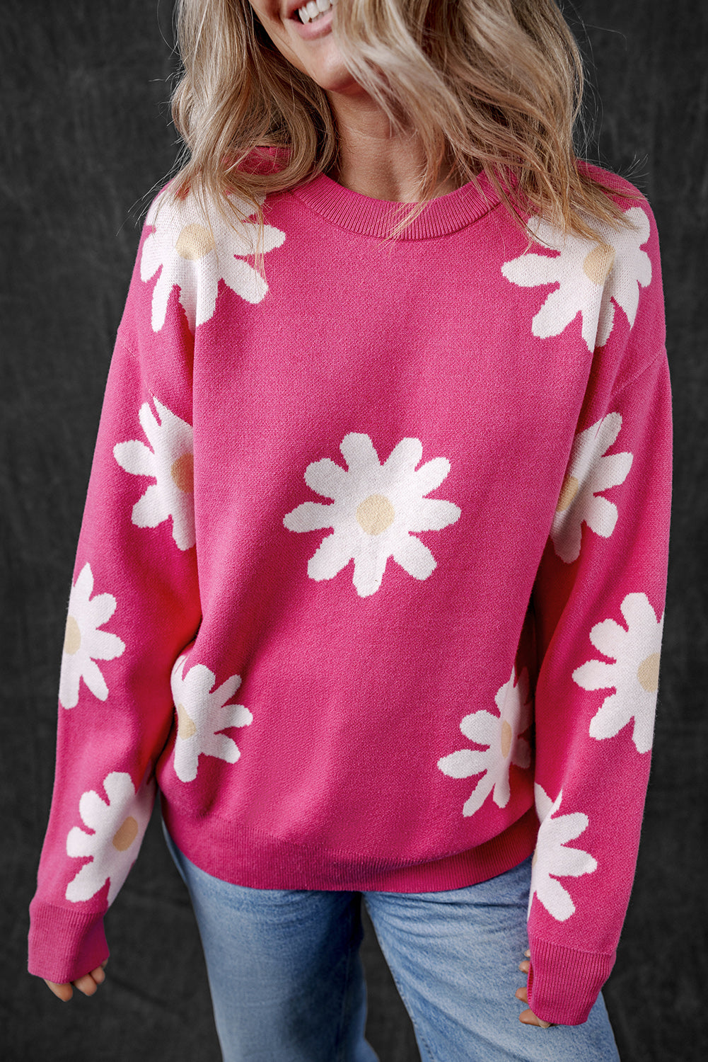 Bright Pink Daisy Crew Neck Long Sleeve Sweater