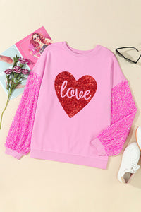 Pink Sequined Love Heart Long Sleeve Pullover