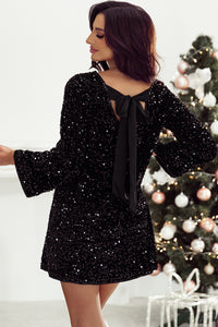 Black Sequin Long Sleeve Tied Open Back Mini Dress